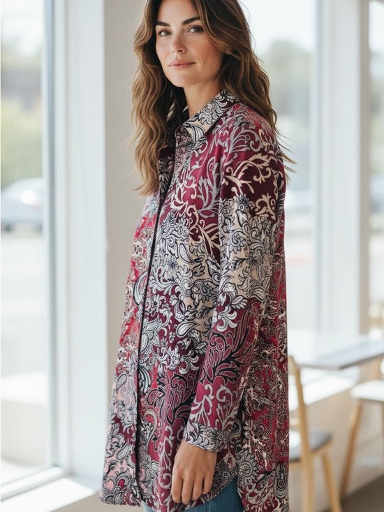 Chico's Tops - Chico's 1 Size MEDIUM Burgundy Beige Black Paisley Floral Tunic Blouse Top